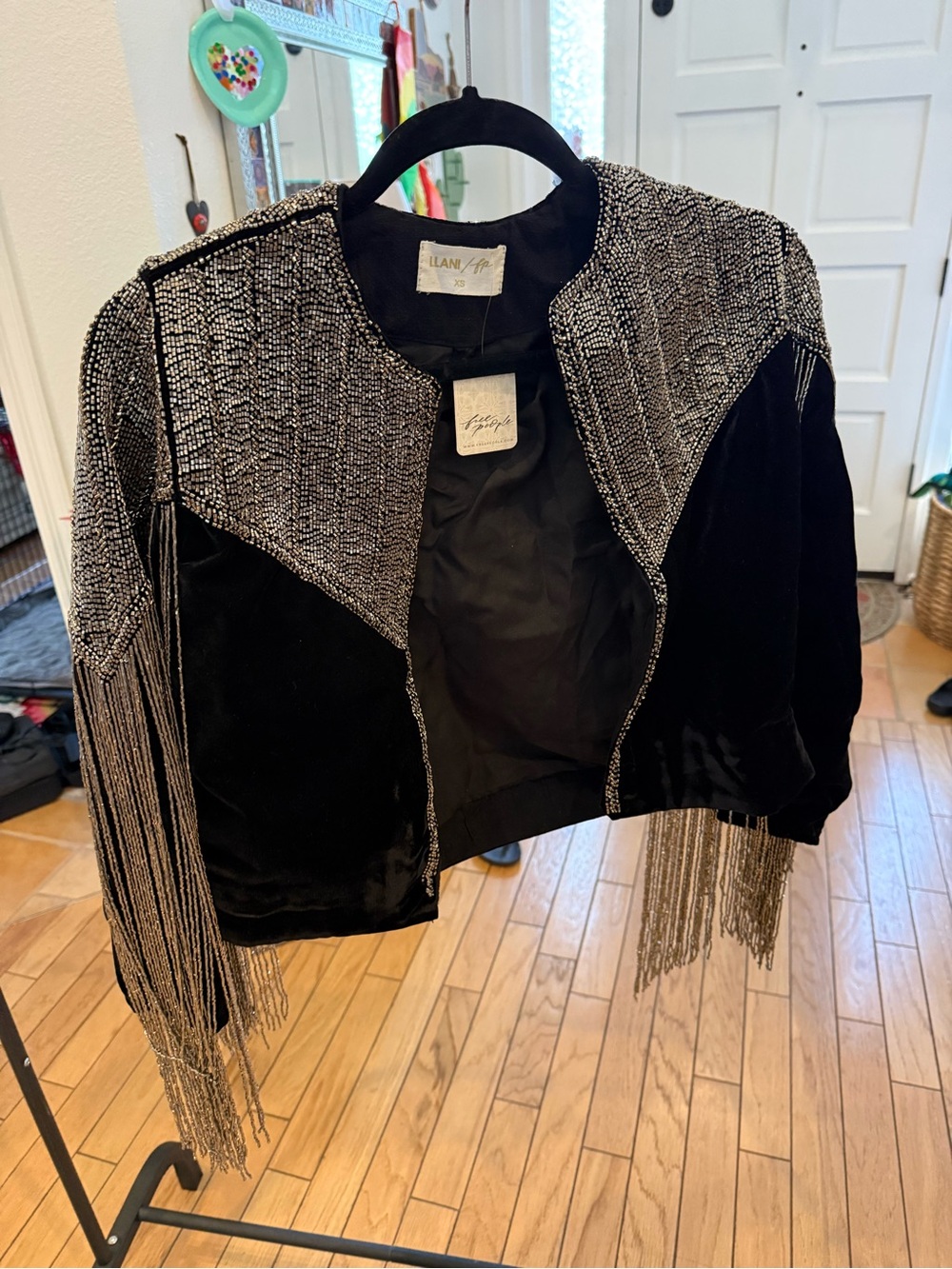 Lani x Freepeople  Black Velvet Cropped Jacket with Silver Beaded Fringe